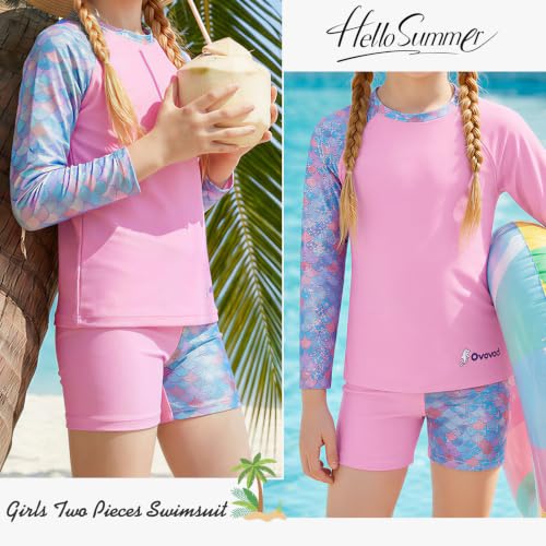 Image of Girls Swimsuit Two Piece Rash Guard Set for 4-14 Years UPF 50+ UV Protective Long Sleeve Swimwear