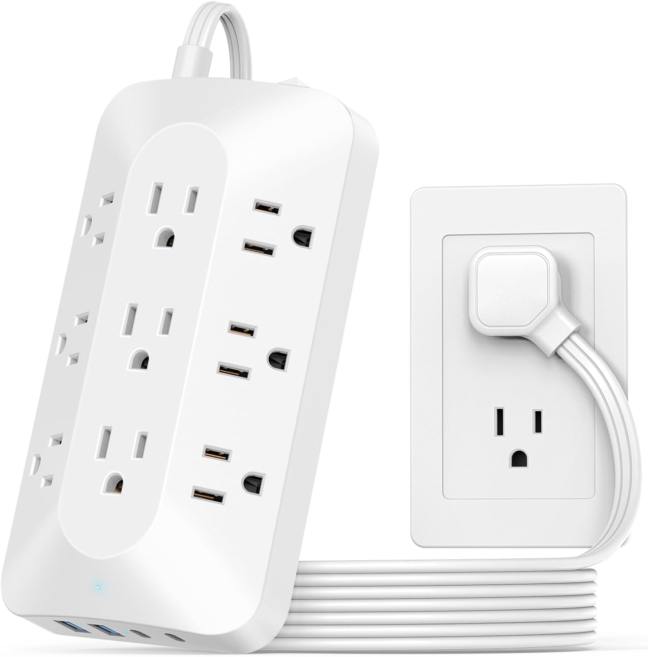 Power Strip Surge Protector, Ultra Thin Extension Cord 5ft, 9 Outlets with 4 USB (2 USB C) for Multiple Devices, Outlet Extender for Home, Office, Dorm Essential, White