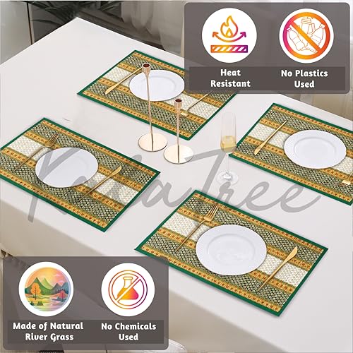 Image of Table Mats Set of 4 Handmade Reversible Heat Resistant | River Grass Dining Placemats Zero Plastic | Natural Madurkathi Eco Friendly | Rustic Boho Dcor | Nature Green Four Mats