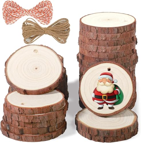 LATERN 60 Piezas Rodajas de Madera Natural, 6CM   7CM Discos de Troncos Pretaladrados Sin Terminar Adornos Círculos Rústicos con Hilo de Yute y Cordón de Algodón   para Manualidades Navidad Decoracion