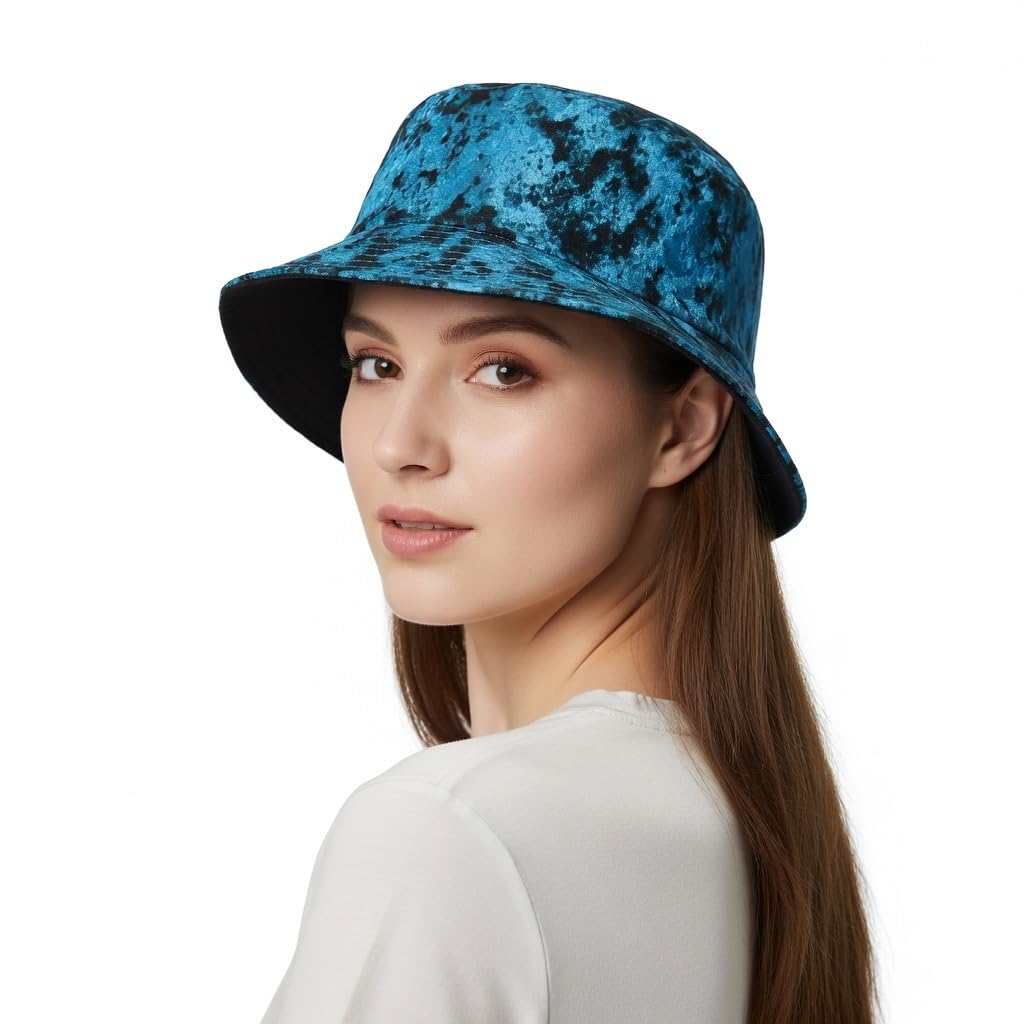 tomorrow fashion Bucket Hat for Women | Revercible Design 2 in 1 | Blue Black Abstract Tie-Print Bucket Hat | Trendy Summer Beach Travel Outdoor Fashion Sun Protection Headwear Cap-picture-29