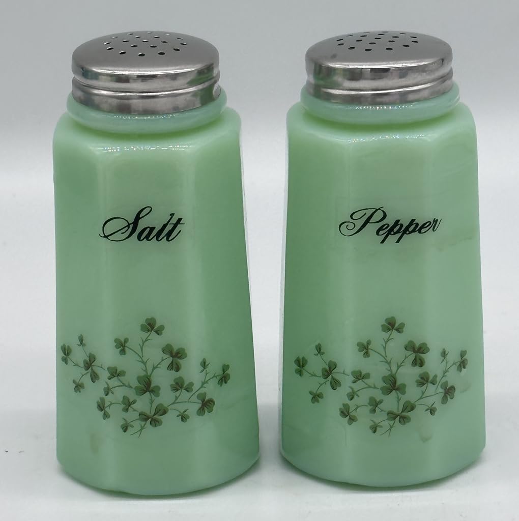 Salt & Pepper Shaker Set - Paneled Pattern - Decorated - American Made - Mosser Glass USA (Jade w/Shamrocks)
