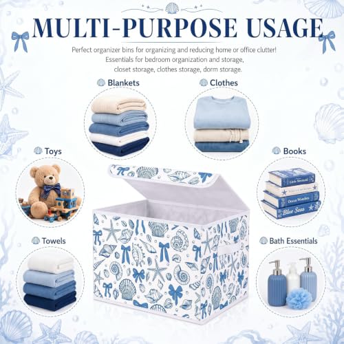 Image of Briwooody Beach Storage Bin with Lid and Carrying Handle Coastal Blue Bow Seashell Foldable Storage Box Summer Bachelorette Party Decorative Collapsible Container Basket for Closet Home Bedroom Gift
