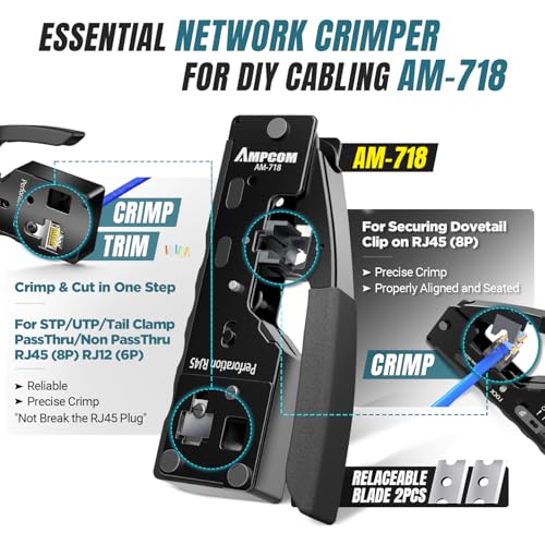 AMPCOM Ethernet Crimping Tool Kit 9-in-1 Pass Through RJ45/RJ11 Network Tool Kit for STP Cat7/6A UTP Cat6/5E/5 RJ45 Connectors with 110 Punch Down Tool Wire Stripper in Portable Waterproof Bag — view 2
