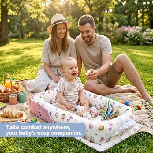 Image of Baby Lounger for Newborn Portable Bag,Baby Nest Play Gym mat with Strap,Newborn Lounger Adjustable Size & Inner Zipper Lengthen Space to 24 Months,Animal World Blue
