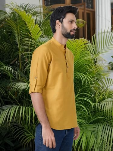 Image of See Designs Men's Roll-Up Sleeve Mandarin Collar Deluxe Cotton Solid Short Kurta (Pack of 2) - Festive Collection