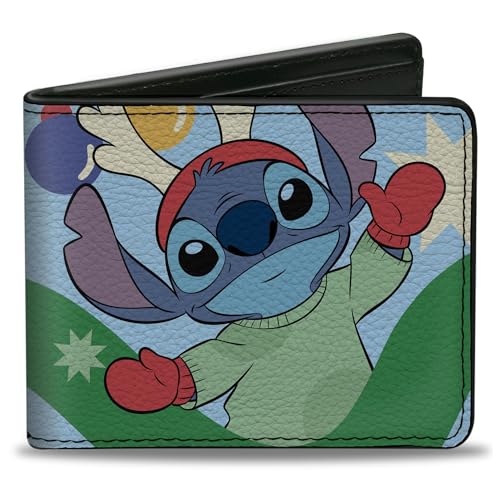 Buckle-Down Disney Wallet, Bifold, Lilo and Stitch Reindeer Stitch 100% Naughty Holiday Blue, Vegan Leather