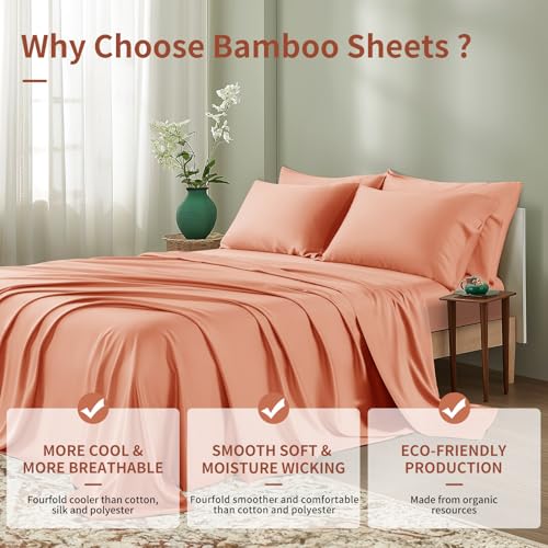 Image of Shilucheng 6 Piece Queen Sheet Sets, Cooling Sheets, Blend Rayon Derived from Bamboo, Deep Pocket Up to 16 inch, Breathable & Soft Bed Sheets, Hotel Silky Bedding Set, Coral