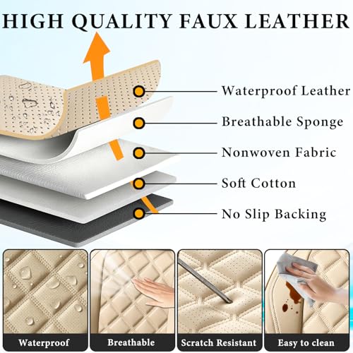 Image of Car Seat Covers Full Set, Luxury Leather Seat Cover for Cars 5 Seats, Front Seats and Back Car Seat Protector Waterproof Seat Cushions, Universal Automotive Seat Covers for Most Cars SUV Trucks, Beige