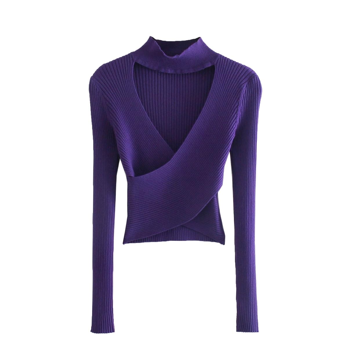 New Women Fashion Cut-Out Knit Top with Surplice V-Neckline Long Sleeves High Neck Knitwear Casual Woman High Street