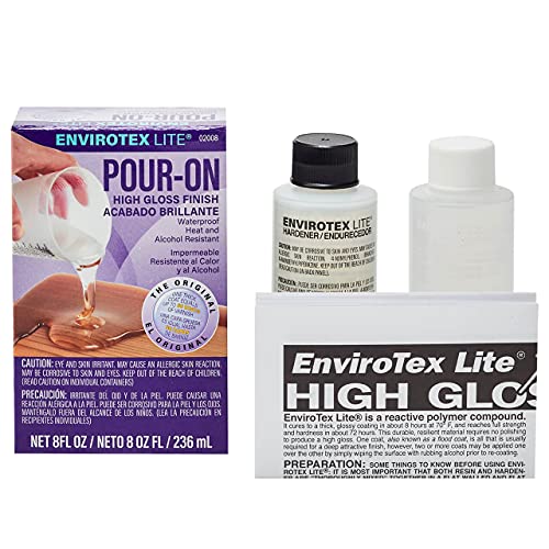 Environmental Technology EnviroTex Lite Pour-On High Gloss Finish [8 oz Kit] Crystal Clear Epoxy Coating for Tabletops / Countertops Waterproof Heat & Alcohol Resistant (4 oz Resin + 4 oz Hardener)