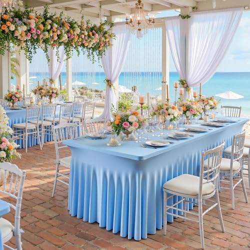Image of 2 pk Baby Blue Spandex Tablecloth 6ft With Ruffle Table Skirt, Wrinkle Free Stretchy Fitted Tablecloths for 6 Foot Rectangle Tables, Elastic Spandex Table Covers for Weddings Parties Banquet Craft