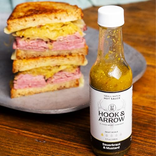 Image of Hook & Arrow Sauerkraut & Mustard Hot Sauce - Low Sugar Mild Spicy Sauce with Brown Mustard, Gluten-Free, Vegan, Paleo (5 fl oz, 30 Servings)