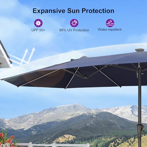 Image of PURPLE LEAF Patio Umbrella 14ft with Base and Solar Lights, Navy Blue