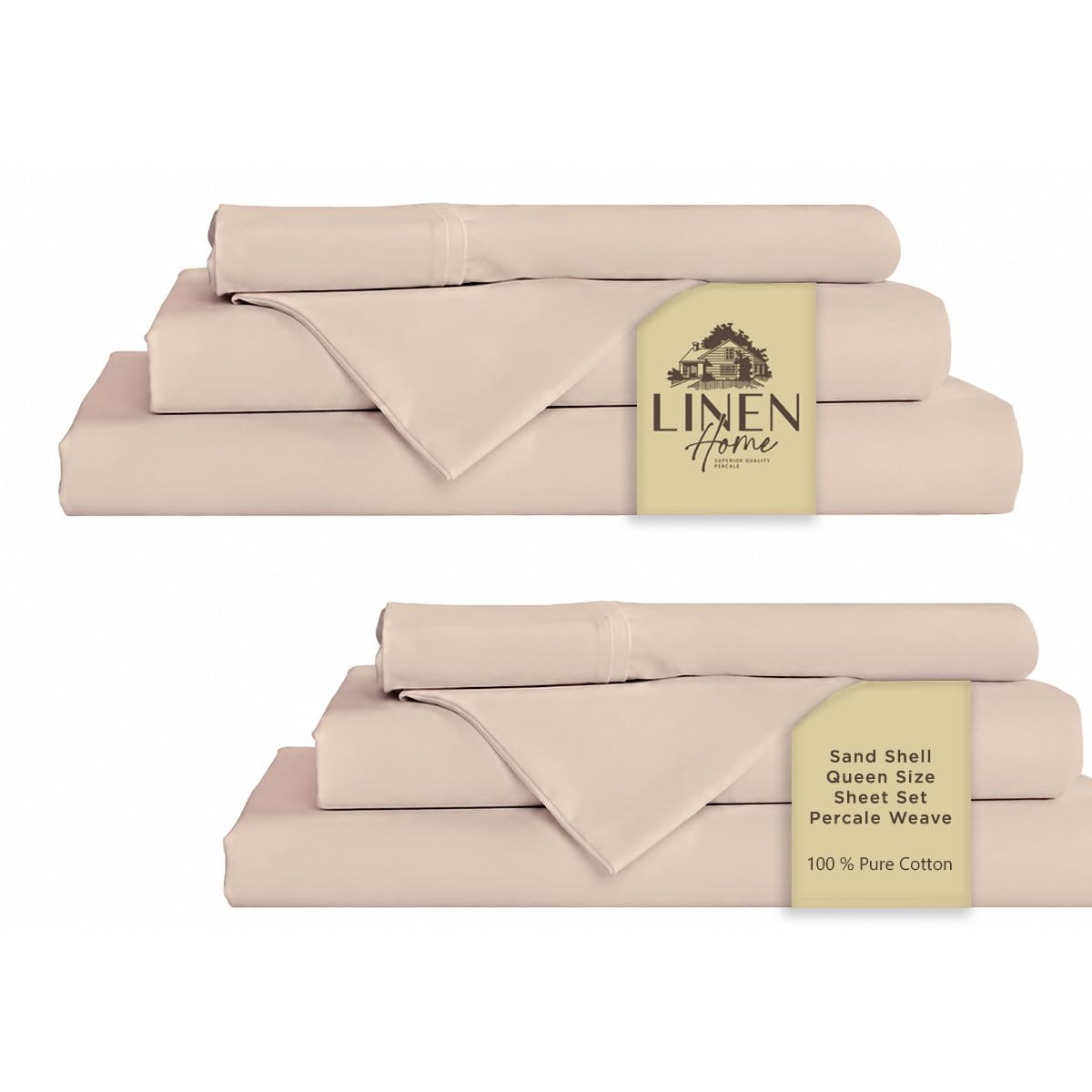 Linen Home 2-Pack Queen Sheet Set, 100% Cotton Percale Bedding, 8-Piece Value Bundle, Deep Pocket Cooling Bed Sheets for Hot Sleepers, Breathable &amp; Crisp Hotel Quality, Long-Staple Cotton, Sand Shell