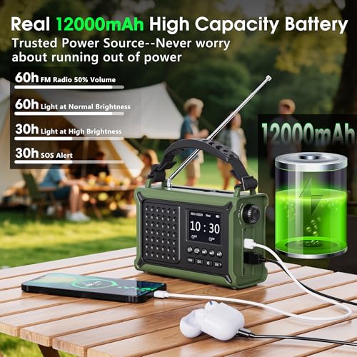 Kurbelradio DAB/DAB+/UKW mit 12000mAh Akku, Notfallradio mit 8500mm² Solarpanel, Handkurbel Blackout Notfallausrüstung, Digital Radio mit Bluetooth 5.0, Taschenlampe & Leselicht für Outdoor, Camping