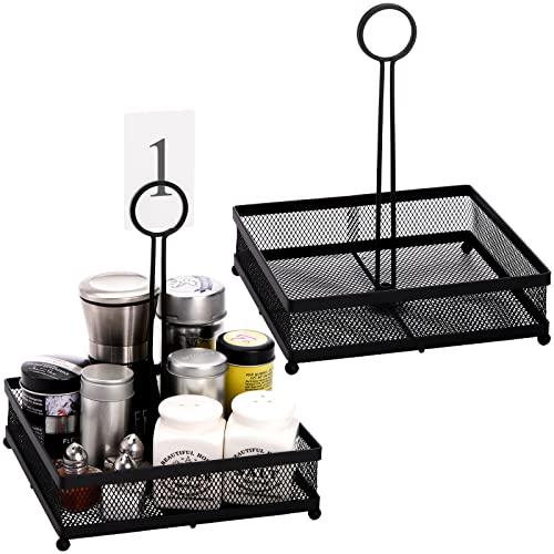 Lyellfe Set of 2 Metal Condiment Caddy, Square Table Caddy Collection with Number Card Holder, Black Tabletop Seasoning Spice Organizer for Grill Outdoors, Restaurant, Kitchen Cabinet