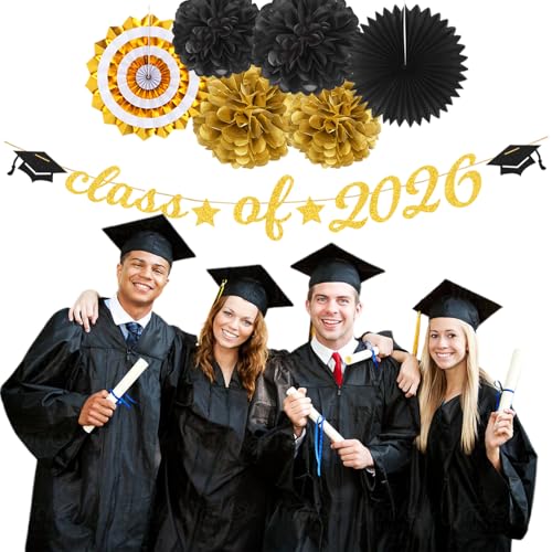Image of Black Gold Party-Decoration Graduation Banner - 14pcs Kits Cap Garland Streamers, Paper Tissue Pom Poms Flowers Fans Honeycomb,Class Of 2026 College High School Grad Decor Hugfond
