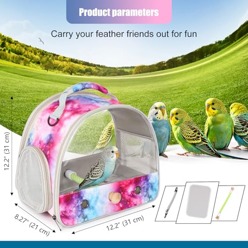 Image of Small Bird Travel Carrier Cage Bag for Parakeet, Budgies, Cockatiel, Conure, with Clear Windows, Galaxy Print