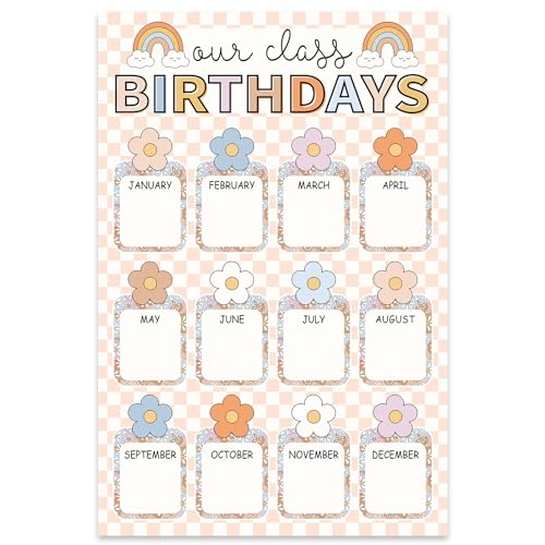 Image of Whaline Happy Birthday Chart Poster Pastel Boho Flower Birthday Chart Calendar Colorful Plaid Birthday Reusable Poster Decoration for Back to School Bulletin Board Chalkboard Wall Decor 11 x 16.5 In