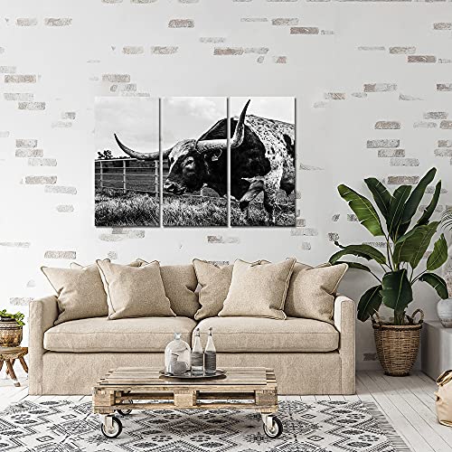 Canvbay 3 Panels Texas Longhorn Canvas Print Black And White Highland Cattle Cow Painting Rustic Wall Decor For Farmhouse Animal Picture Artwork Photo Print Framed Ready To Hang 16X32Inchx3Pcs #TOP3