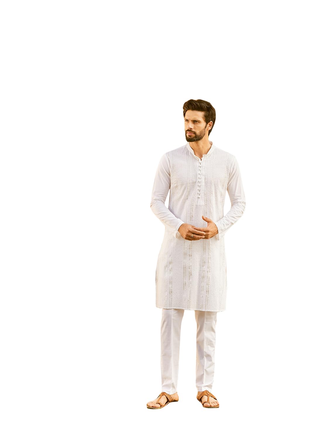 see designs Men Full Sleeve White Cotton Pintex Design Silver Thared Work & Sequence Mandarin Collar Side Slit Kurta With Pyjama-picture-38