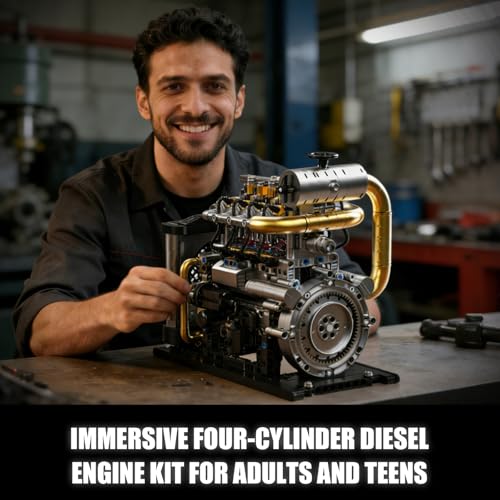 Image of Diesel Engine Model Kit that Runs for Adults, MOC Mini Inline 4-Cylinder Diesel Engine Building Set with Motor, Compatible with Lego, Mechanical Engineering STEM Toy for Teens (1029 PCS)