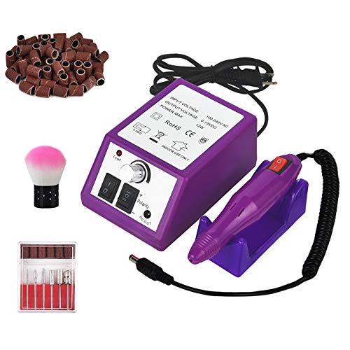 Professional Electric Nail Drill 20,000 RPM Nail Drill Machine for Shaping, Buffing, Removing Acrylic Nails with 100 Pcs of Sanding Bands and 6 Replaceable Drill Bits for Home Salon Use Purple