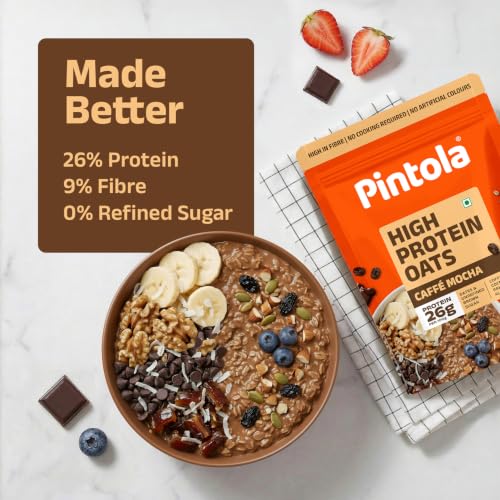 Image of Pintola 26g High Protein Caffe Mocha Oats 1kg, No Refined Sugar, with Almonds, Raisins, Pumpkin & Chia Seeds, 9.6g Fibre, Rolled Oats, Gluten Free, Breakfast Cereals