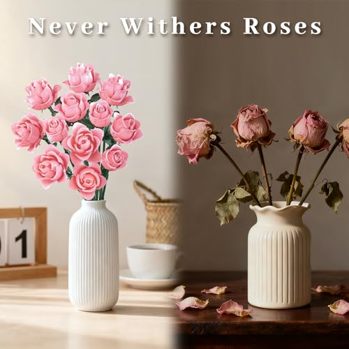 Image of Pink Roses Flower Bouquet Building Set, Artificial Flowers Botanical Collection Compatible with Lego Flowers for Adults Christmas Anniversary Valentines Day Gifts