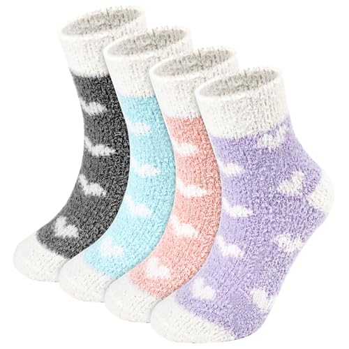 Leikedun 4 pares meias quentes para mulher, meias térmicas para andar por casa e dormir, meias macias de pelúcia abraçados, tamanho único 36-40, cores natalícias