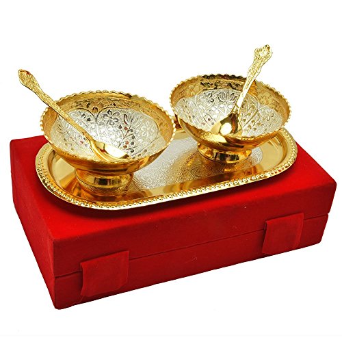 Crafticia Brass Bowl 3 inch with Spoon & Tray Serving Set of 5 Decorative Gift Item (Silver and Golden Plated)