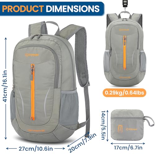 Image of ZOMAKE Ultra Lightweight Packable Backpack 25L, Foldable Hiking Backpacks Water Resistant Small Folding Daypack for Travel(Silver Grey with Orange Zipper)