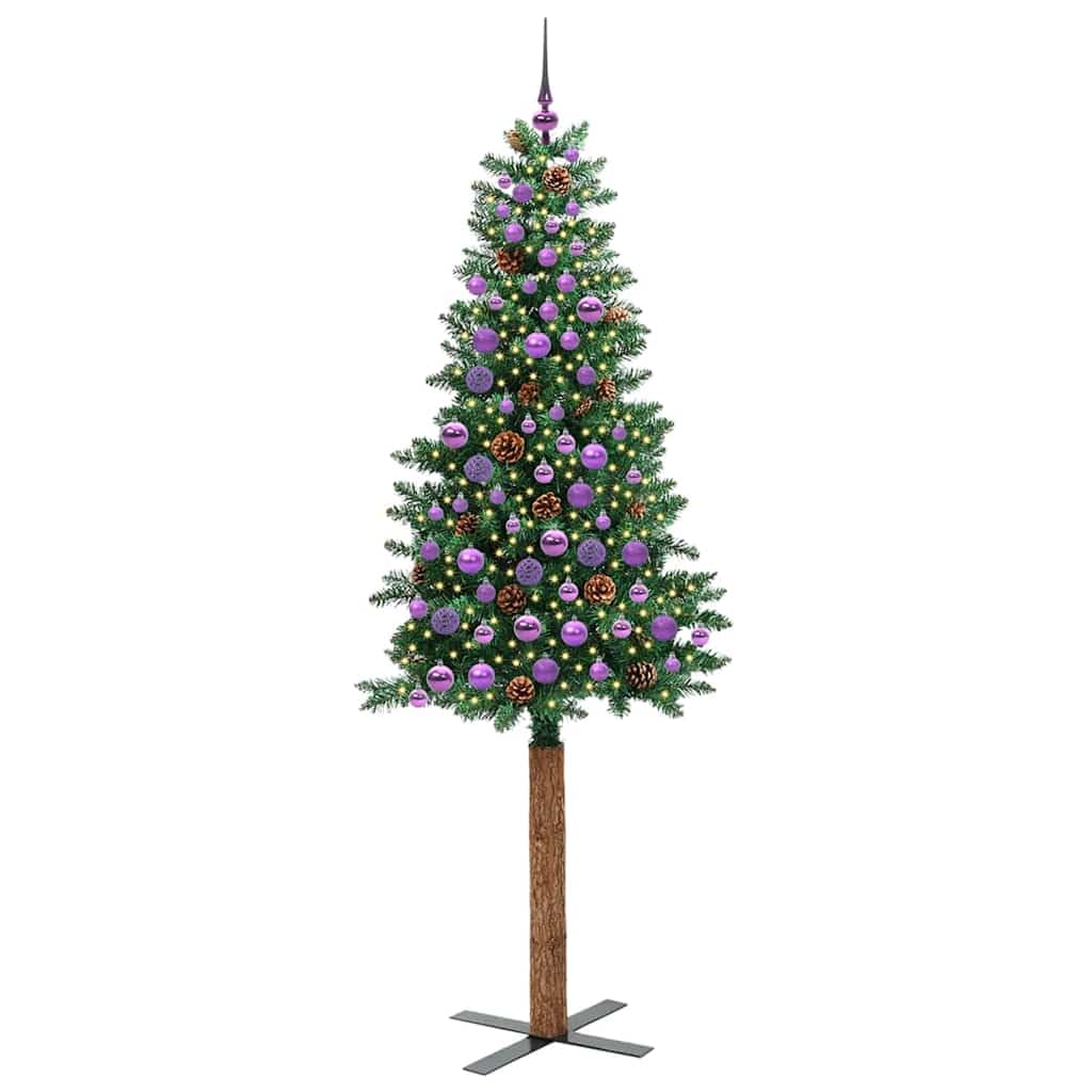 Albero di Natale Artificiale Sottile in PVC e Legno con 300 LED, Design Salvaspazio con Pigne e Palline, Albero di Natale con Luci Incorporate, Christmas Tree, Verde, 210 cm