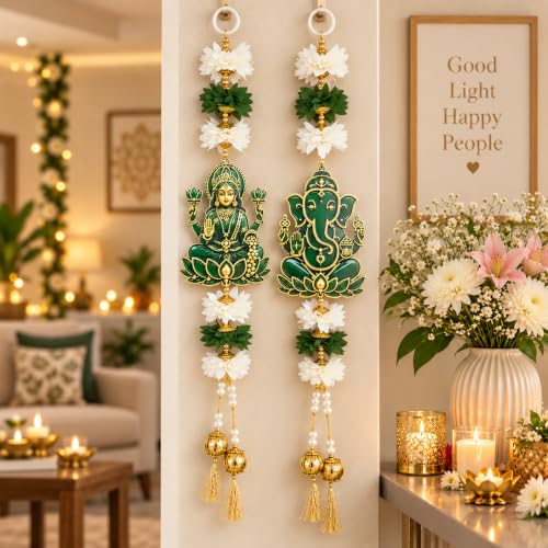 Image of Akaar Decor Lakshmi Ganesha Hanging for Door | Acrylic Festive Latkan with Flowers & Pearls | Diwali Pooja Room Entrance Decor | 16 Inch, Pack of 2