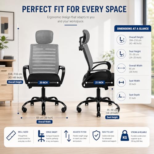 Image of HIGHLIVING Ergonomic Office Chair | Adjustable Headrest | 120 Tilt | Breathable Mesh Back | Moulded Foam Seat | Class 4 Gas Lift | Metal Base | High Back Computer Chair for Home & Office