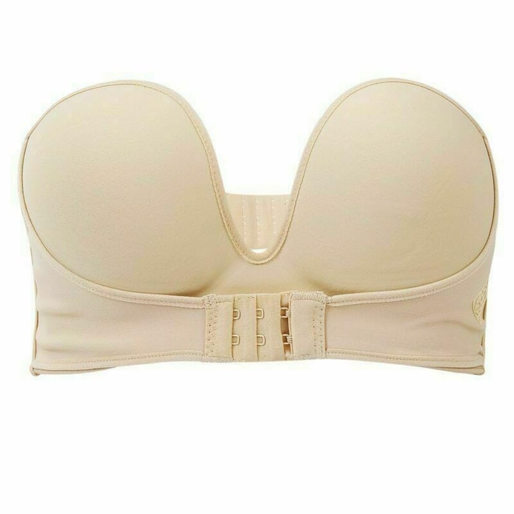 Anso Women's Apricot Invisible Push Up Bra Front Buckle Underwear Lingerie Strapless Non-Slip Seamless (,36(80) A)