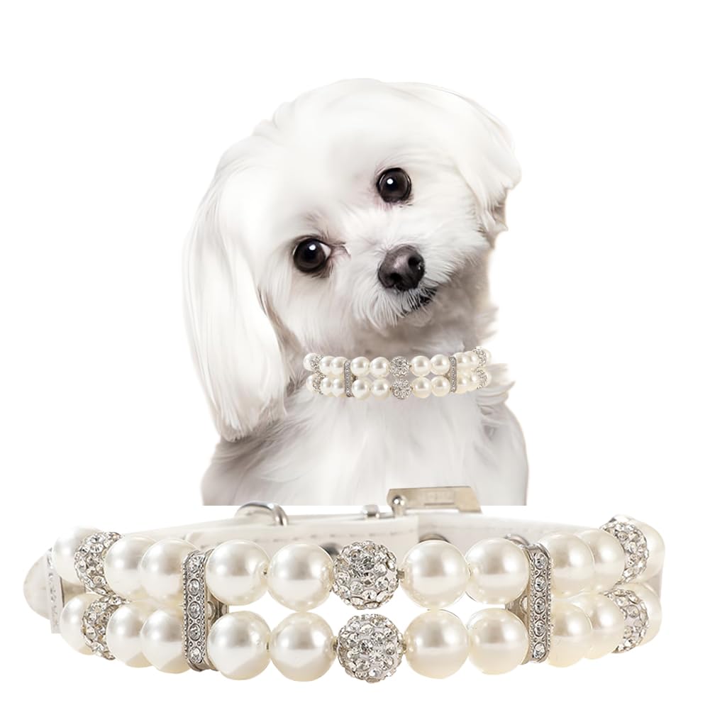 White Pearl Collar for Dogs,Crystal Pearl Cat Collar,Rhinestone Fancy Bling Puppy Diamond Small Dog Collar for XXS Xs Small Medium Female Kitten Pet,