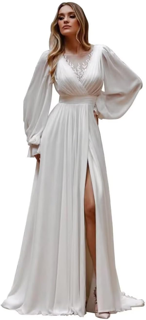 Long Sleeve Wedding Dresses for Women Boho Chiffon Lace Wedding Dresses for Bride Simple A Line Bridal Gown with Slit