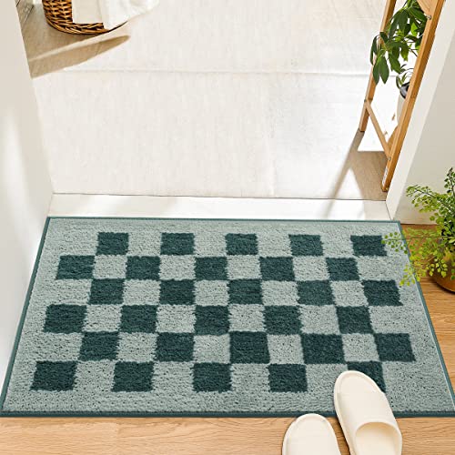 Tyrafry Bufflo Plaid Bathroom Rug, Quick Dry Foot Mat Soft Microfiber Door Mat Geometric Area Rug Durable Machine Washable Foot Mat Non-Slip Bath Shower Rug, 19.6 X 31.4 Inches, Green #TOP12