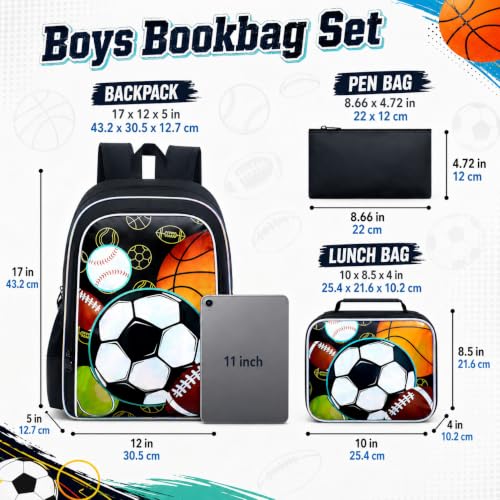 Image of AGSDON 3PCS Boys Backpack, 17 inch Kids Bookbag with Lunch Box for Teen, Multi-Sports Ball Backpacks Water Resistant and Lightweight