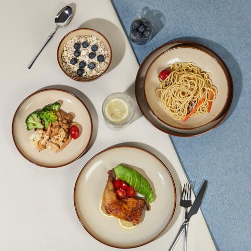 Image of Pokini 32 Piece Double Bowl Dinnerware Sets with Pasta Bowls, Highly Chip and Crack Resistant Plates and Bowls Sets, Natural Earthyware Ceramic Dishware Sets, Service for 8 Brown Yellow