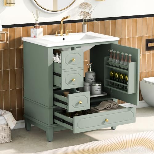 Image of Bellemave 30 inch Bathroom Vanity with Ceramic Sink & 3 Drawers, Bathroom Cabinet with Storage Shelves & Solid Wood Base, Freestanding Vanity Cabinet with Soft-Close Door with Organizer (Light Green /30)