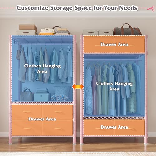 Image of Raybee Clothes Rack with Drawers, 35 inch W Pink Clothing Rack Load 450LBS for Bedroom Apartment Dorm, Heavy Duty Metal Portable Closet with Adjustable Shelves, Multi-Function, Easy Assembly