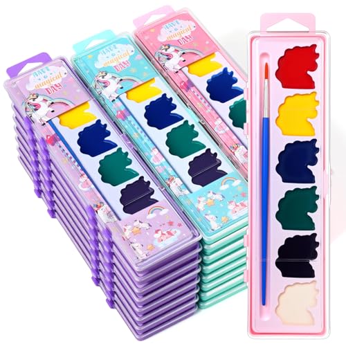 Watersay Juego de 36 pinturas de acuarela estilo unicornio, 8 colores lavables con pincel, juego de pintura de acuarela, suministros de fiesta de regreso a clases, intercambio de regalos