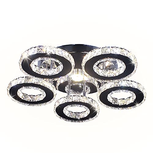 Lustre en cristal moderne, plafonnier LED 5 anneaux et luminaires suspendus design