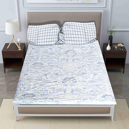 Image of Pure Source India Pure Cotton Elegance Bedding Set, Dreamy Cotton Comfort Double Bed Sheet with Pillow Covers (Pale Ivory Blue Marigold)