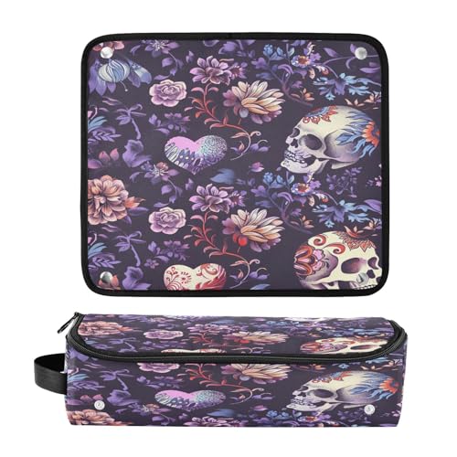 Bolso de viaje para herramientas de cabello Flowers Skull y alfombrilla resistente al calor, organizador para planchas, alisadores, rizadores y accesorios para el cuidado del cabello miniatura 3