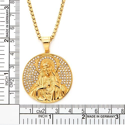 COOLSTEELANDBEYOND Gold Jesus Pendant Necklace for Men, Steel Sacred Heart Round Medallion Rhinestones, Faith Jewelry - Image 4