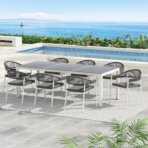 Gardeon 9 pcs Outdoor Dining Set, Steel Rope Garden Setting Table and Chairs, 8 Seater Patio Conversation Sets Furniture Backyard, Weather-Resistant Black with 8 Foam Cushions